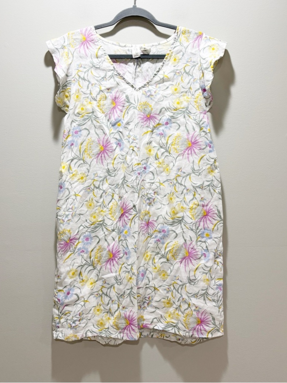 Joie White Floral V-Neck Cap Sleeve Flutter Dress Pink & Yellow Flowers Linen L